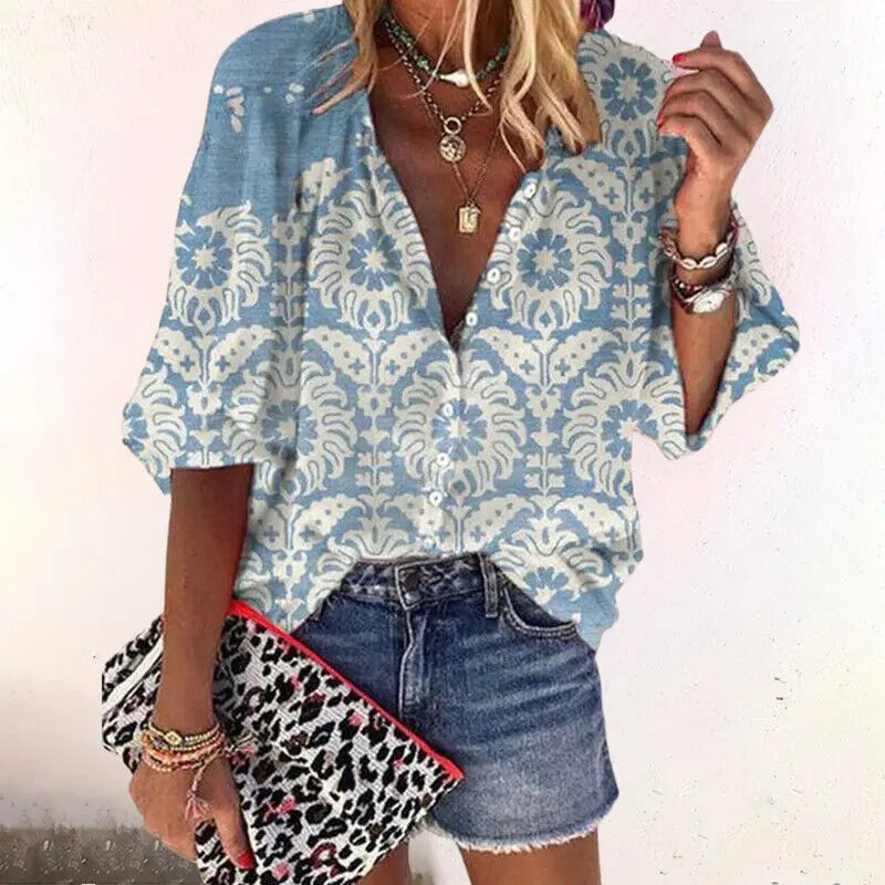 Brynlee — Lightweight Flowing V-Neck Blouse With Relaxed Boho Print Summer Style Blue