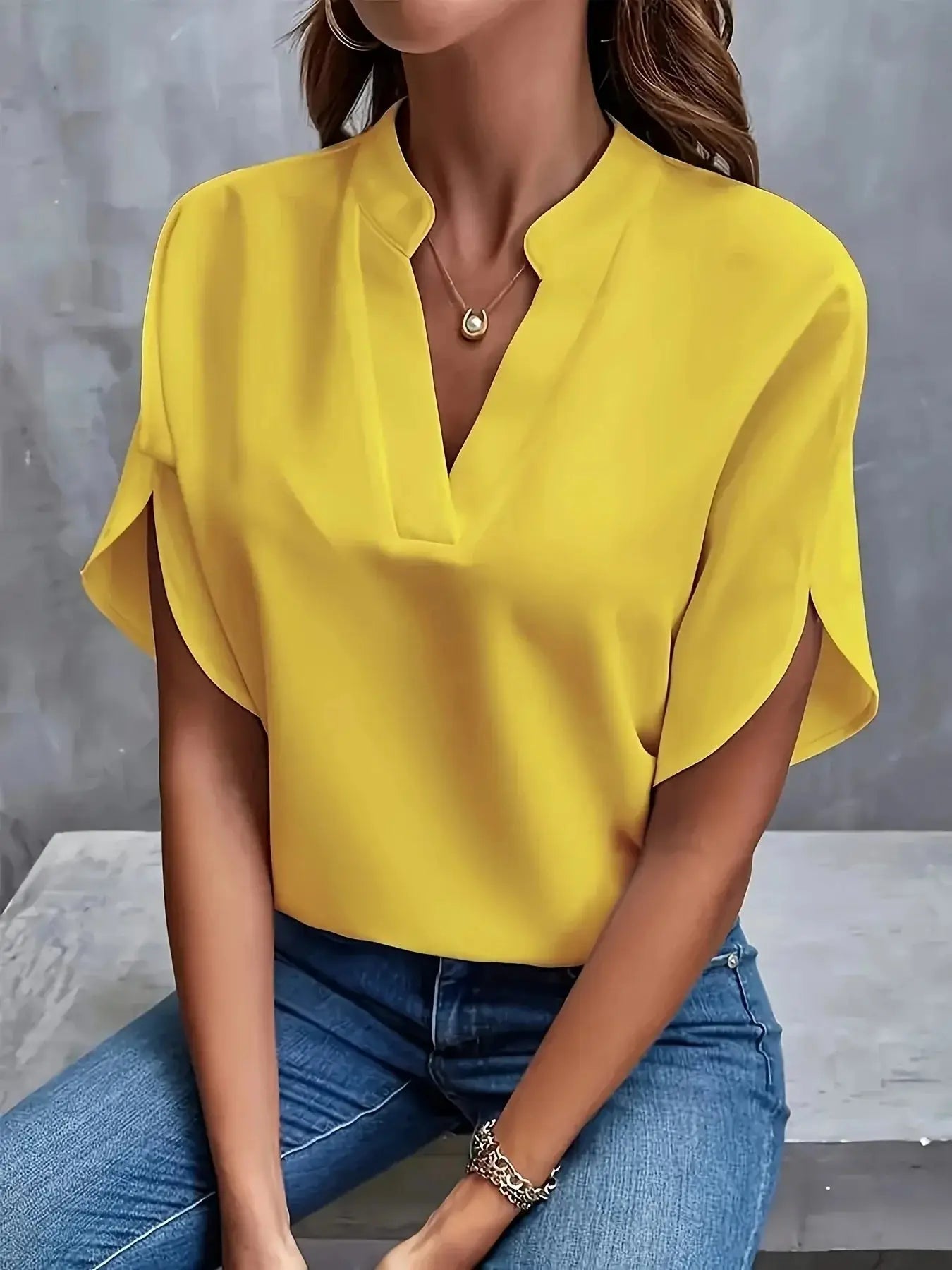 Ottoline — Lightweight Viscose Blouse With Tailored V-Neck Summer Design Yellow