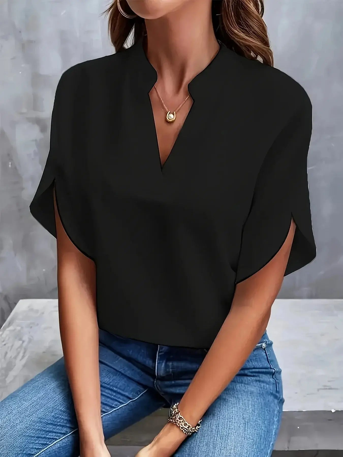Ottoline — Lightweight Viscose Blouse With Tailored V-Neck Summer Design Black