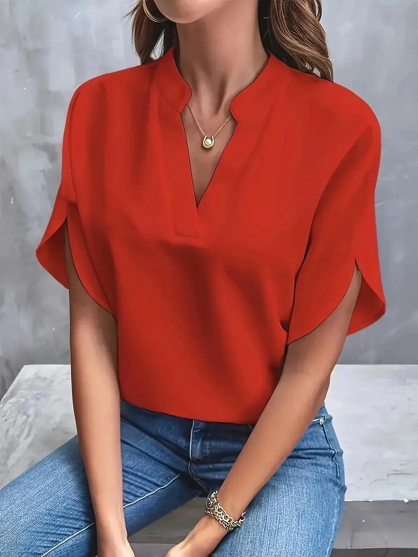 Ottoline — Lightweight Viscose Blouse With Tailored V-Neck Summer Design Red