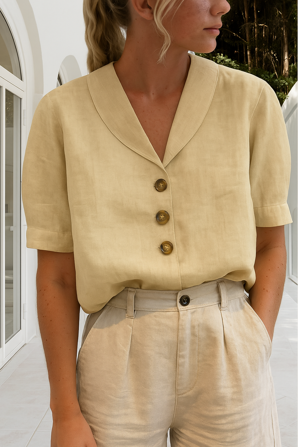 Winnifred — Lightweight White Wrap Blouse With Elegant Long Sleeve Summer Style Beige