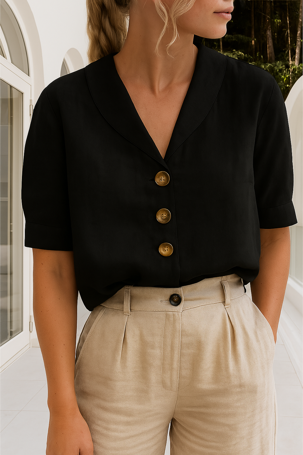 Winnifred — Lightweight White Wrap Blouse With Elegant Long Sleeve Summer Style Black