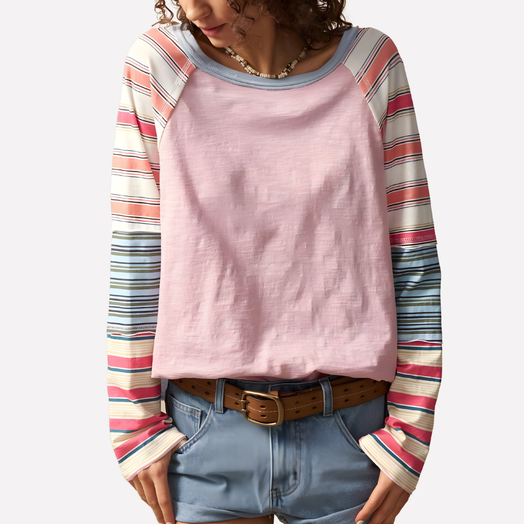 Seraphina — Striped Cotton Raglan Top With Casual Long Sleeve Everyday Style Pink