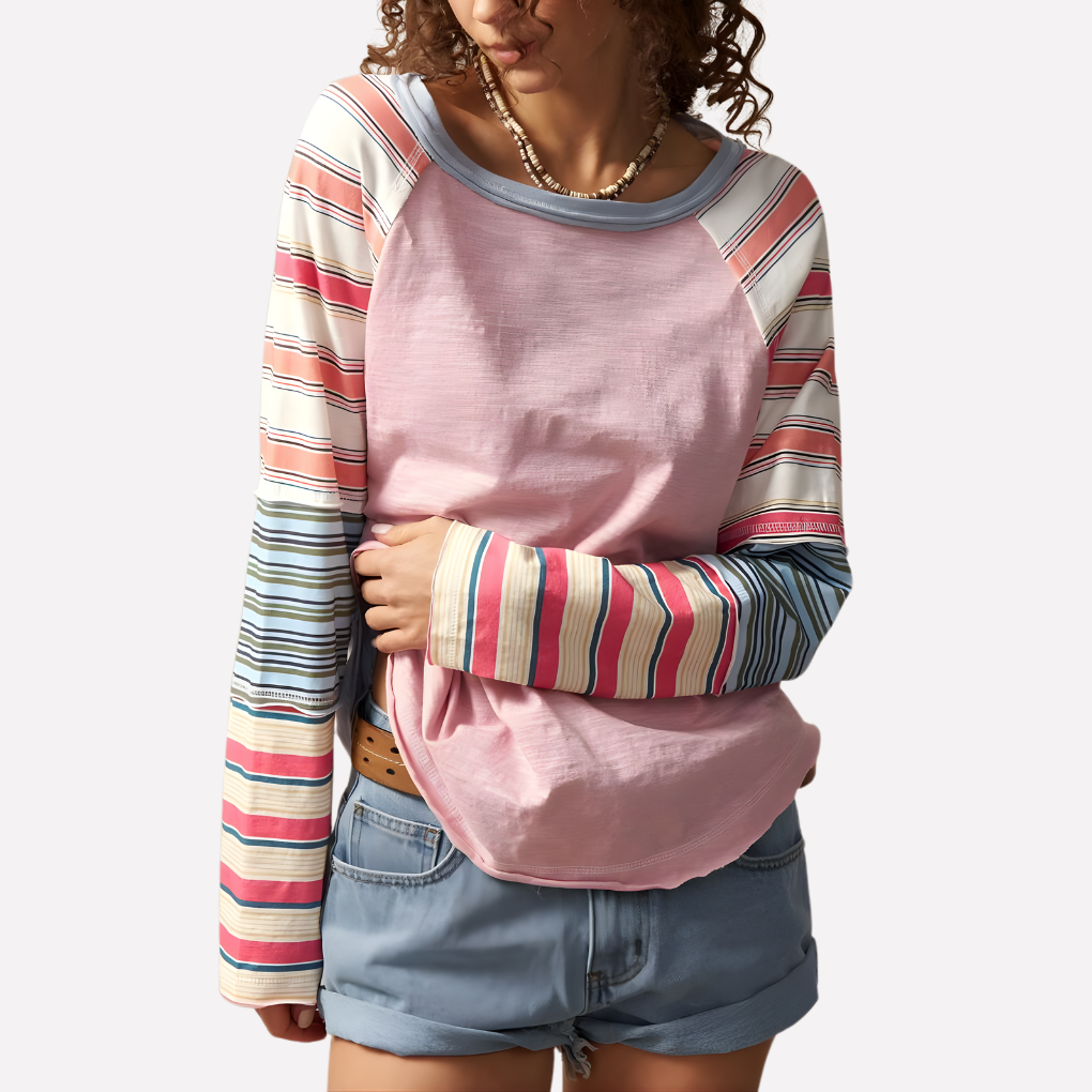 Seraphina — Striped Cotton Raglan Top With Casual Long Sleeve Everyday Style
