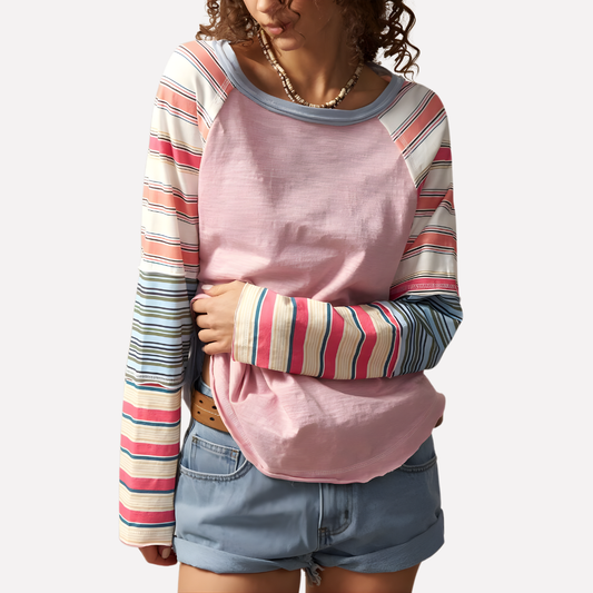 Seraphina — Striped Cotton Raglan Top With Casual Long Sleeve Everyday Style
