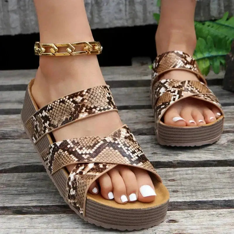 Mattecross — Matte Platform Sandals With Stylish Criss-Cross Open Toe Design Snake Print