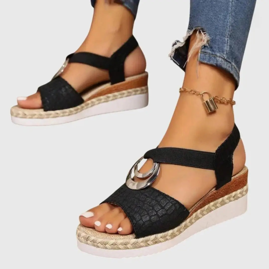 Espadrillenat — Natural Fabric Wedge Sandals With Comfortable Slingback Espadrille Design Black