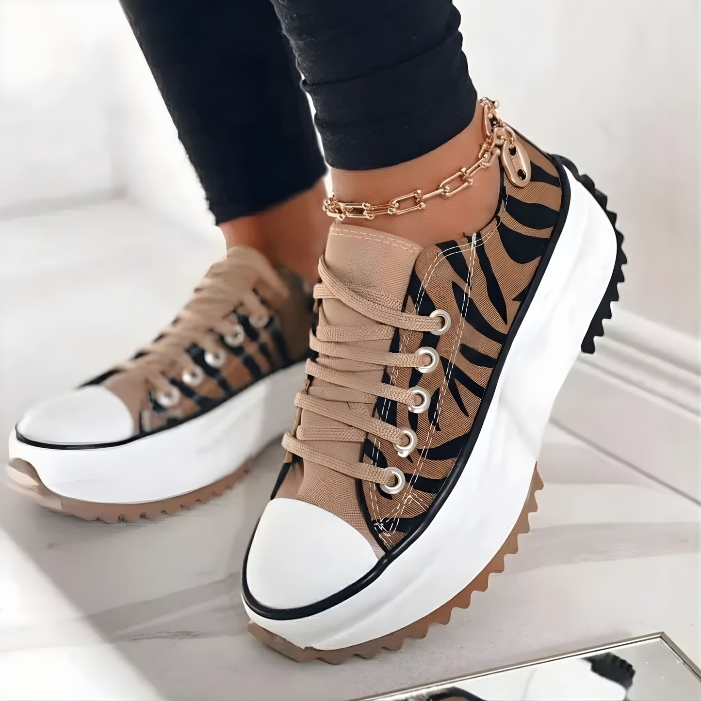 Chunkywalk — Orthopedic Fabric Sneakers With Supportive Chunky Lace-Up Walking Design Tiger Print