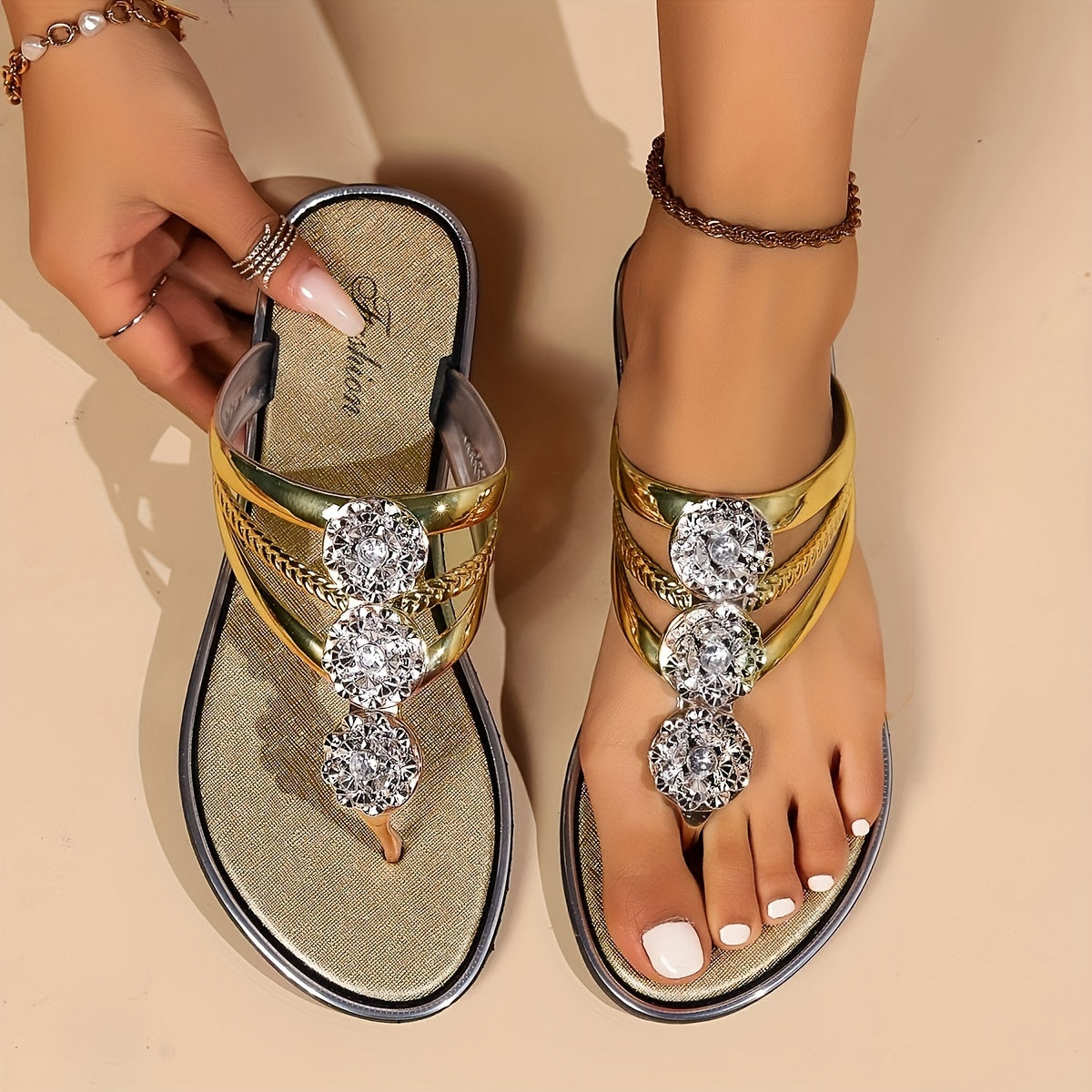 Aurora — Embellished Toe Post Sandals With Stylish Comfortable Summer Design Champagne