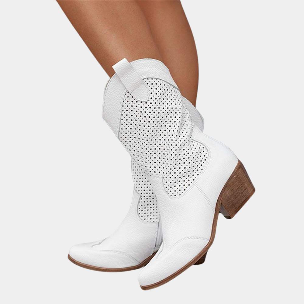 Westernperf — Perforated Leather Cowboy Boots With Stylish Mid-Calf Western Design White