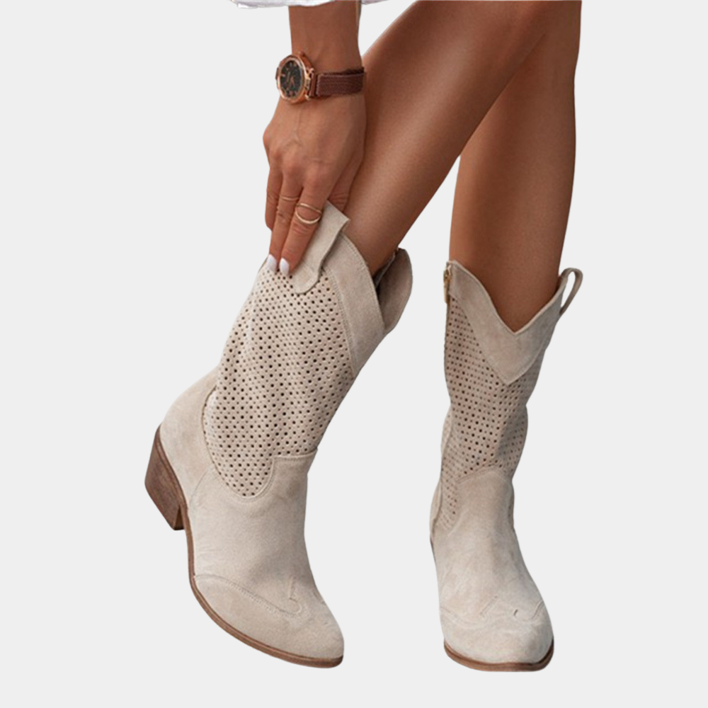 Westernperf — Perforated Leather Cowboy Boots With Stylish Mid-Calf Western Design Beige