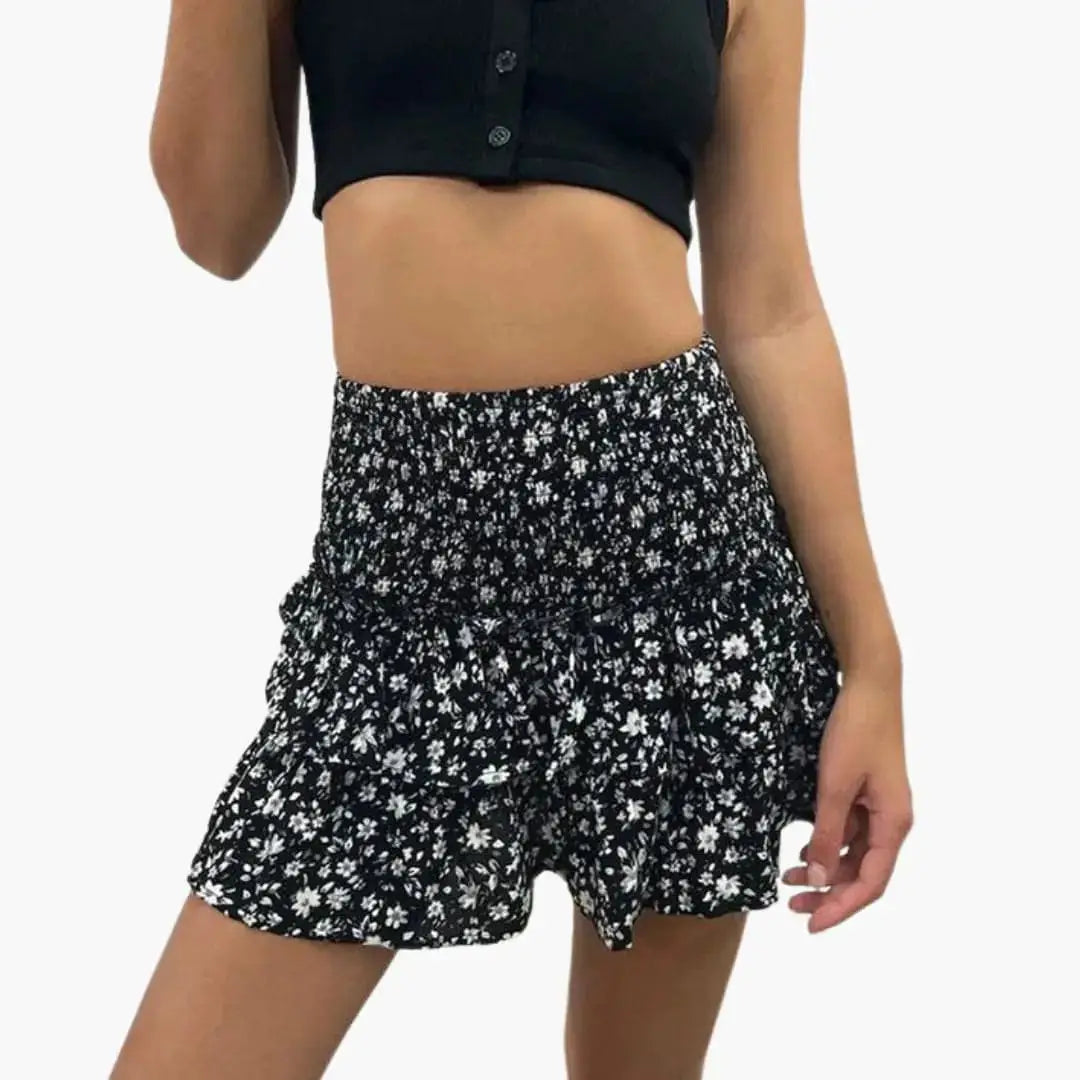 Theodora — Plain Woven Midi Skirt With Comfortable Elastic Waist Versatile Design Black Floral