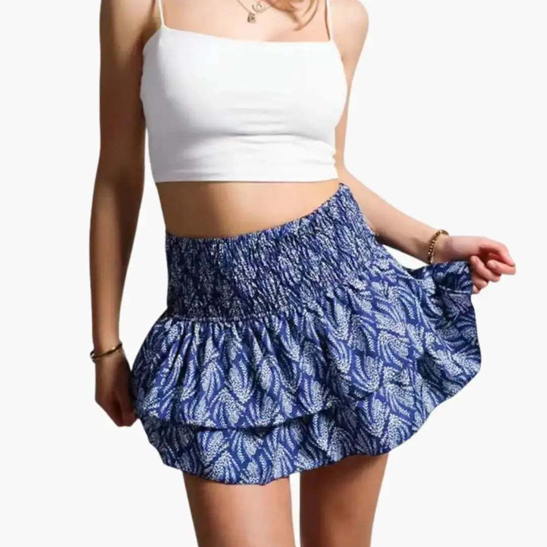 Theodora — Plain Woven Midi Skirt With Comfortable Elastic Waist Versatile Design Dark Blue Leaves