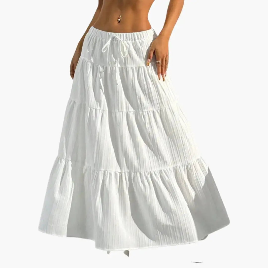 Marisol — Plain Woven Midi Skirt With Stylish Lace-Up Waist Design For Casual Wear White