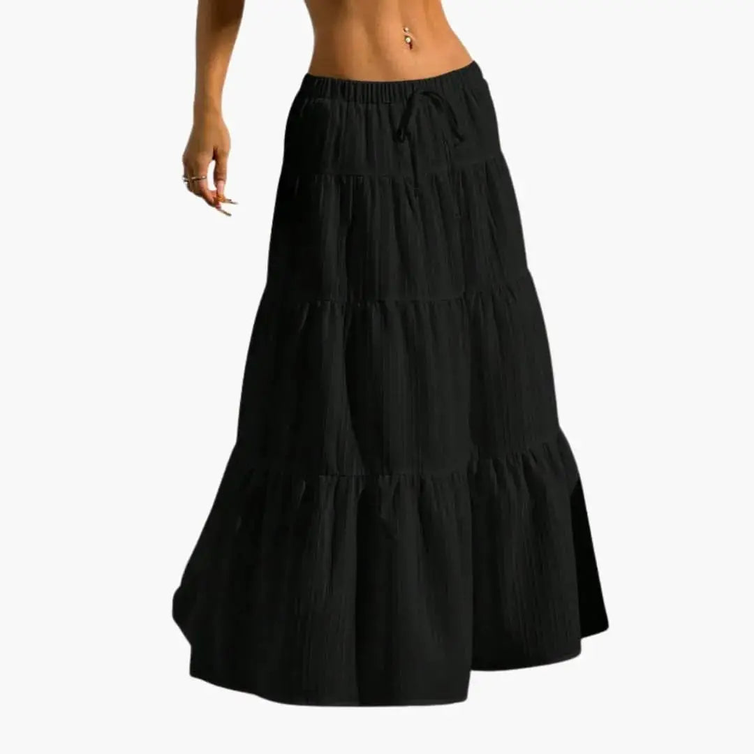 Marisol — Plain Woven Midi Skirt With Stylish Lace-Up Waist Design For Casual Wear Black