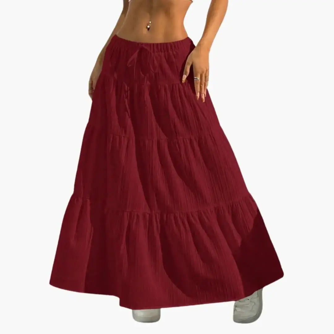 Marisol — Plain Woven Midi Skirt With Stylish Lace-Up Waist Design For Casual Wear Red