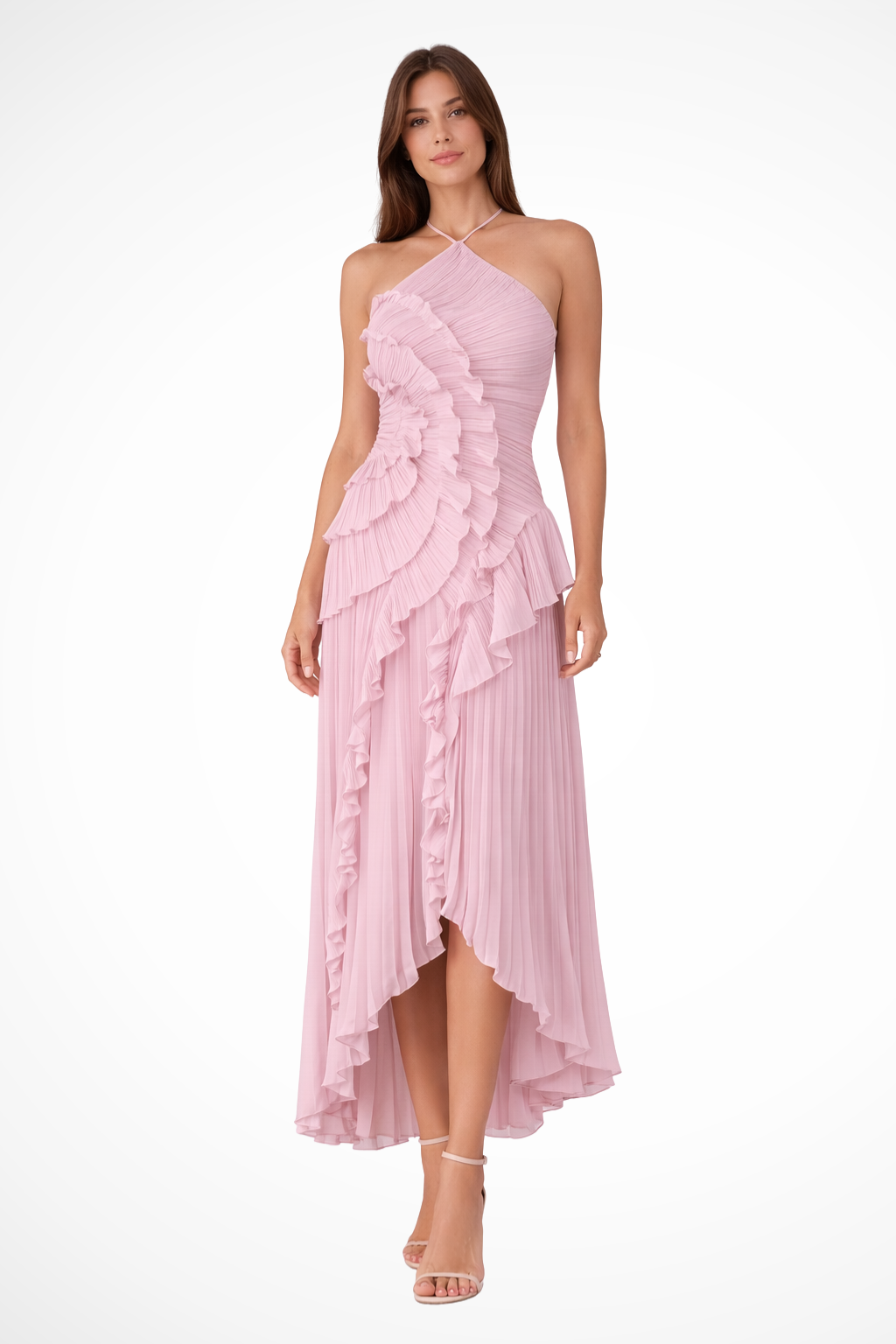 Layeredruffle — Pleated Fabric Maxi Dress With Layered Ruffle Halter Style For Wedding Guests Pink