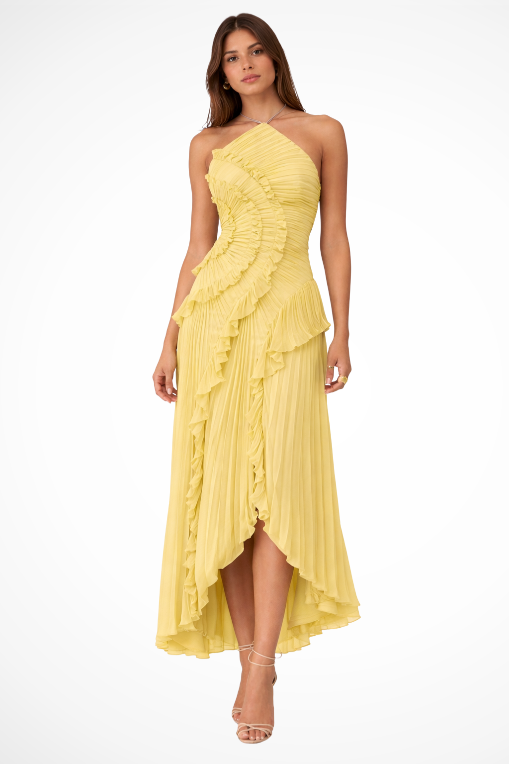 Layeredruffle — Pleated Fabric Maxi Dress With Layered Ruffle Halter Style For Wedding Guests Yellow