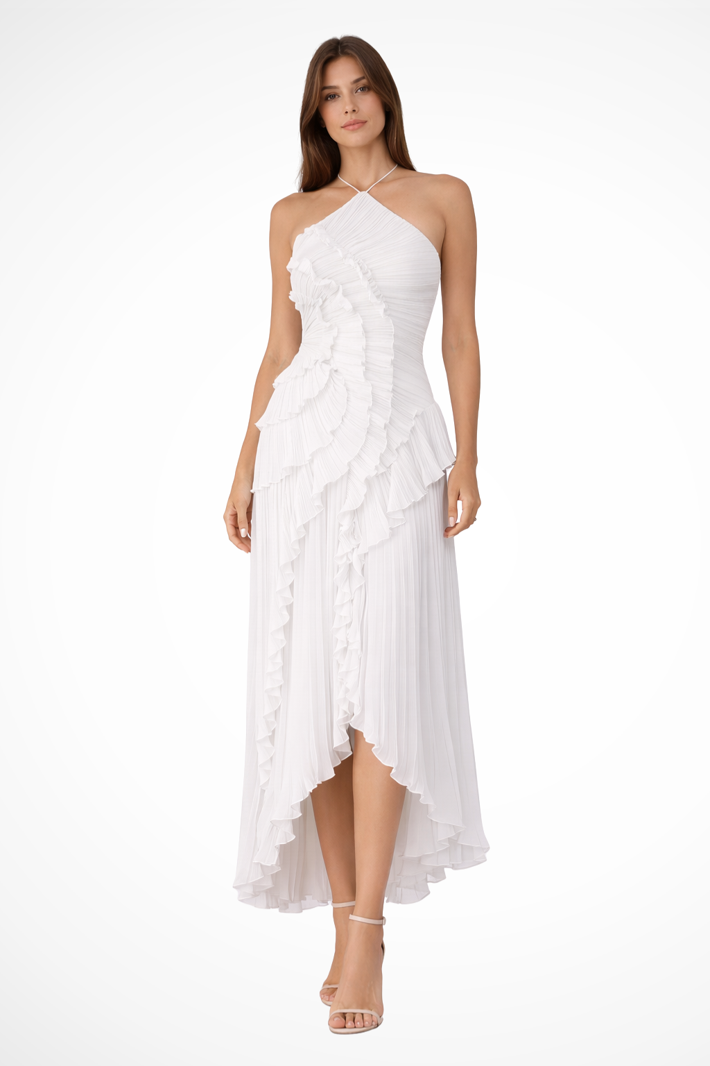 Layeredruffle — Pleated Fabric Maxi Dress With Layered Ruffle Halter Style For Wedding Guests White