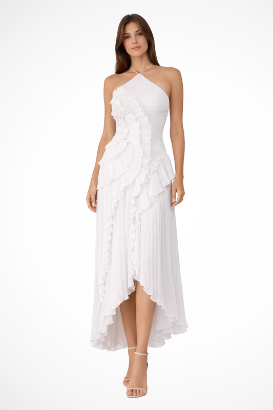 Layeredruffle — Pleated Fabric Maxi Dress With Layered Ruffle Halter Style For Wedding Guests White