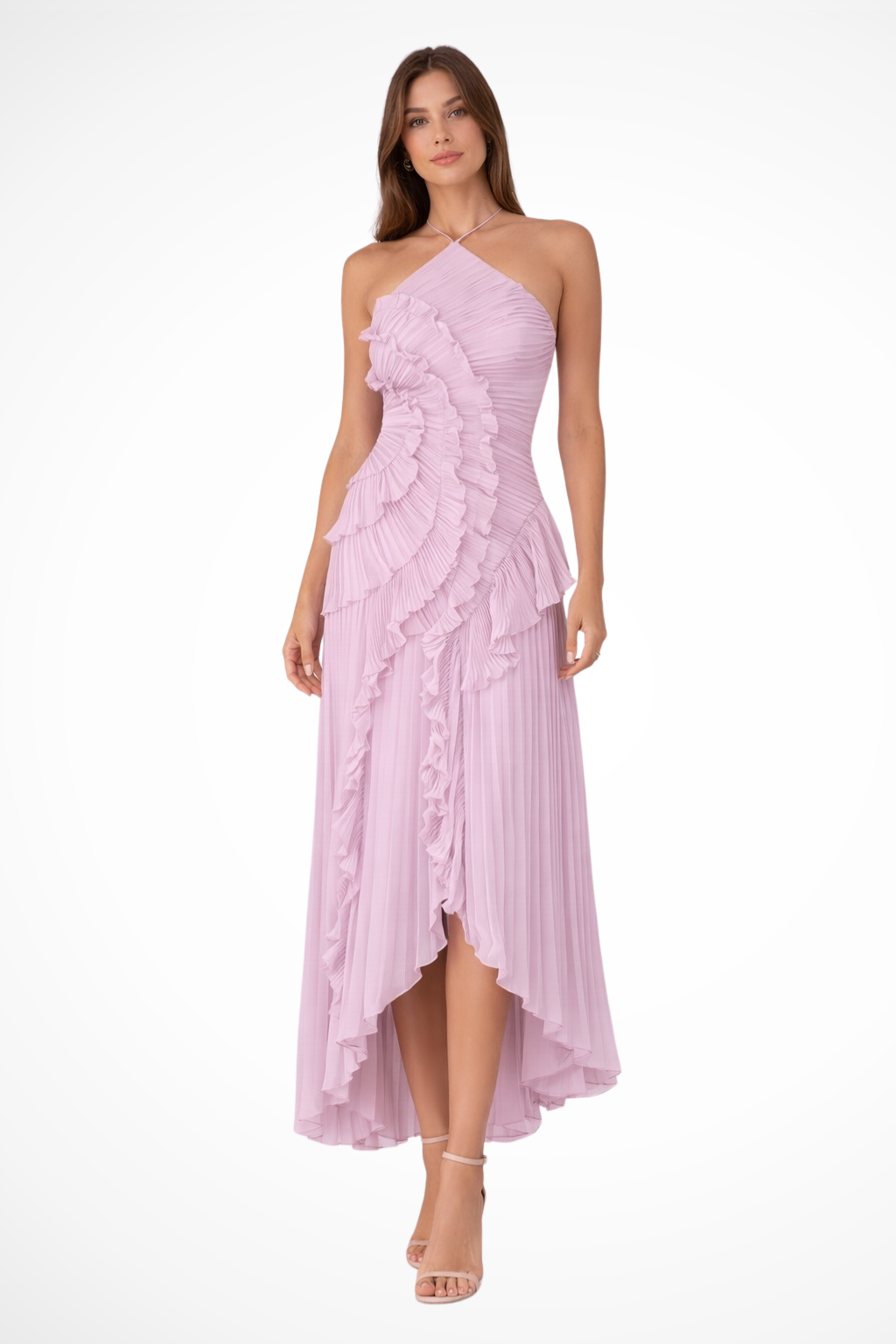 Layeredruffle — Pleated Fabric Maxi Dress With Layered Ruffle Halter Style For Wedding Guests Purple