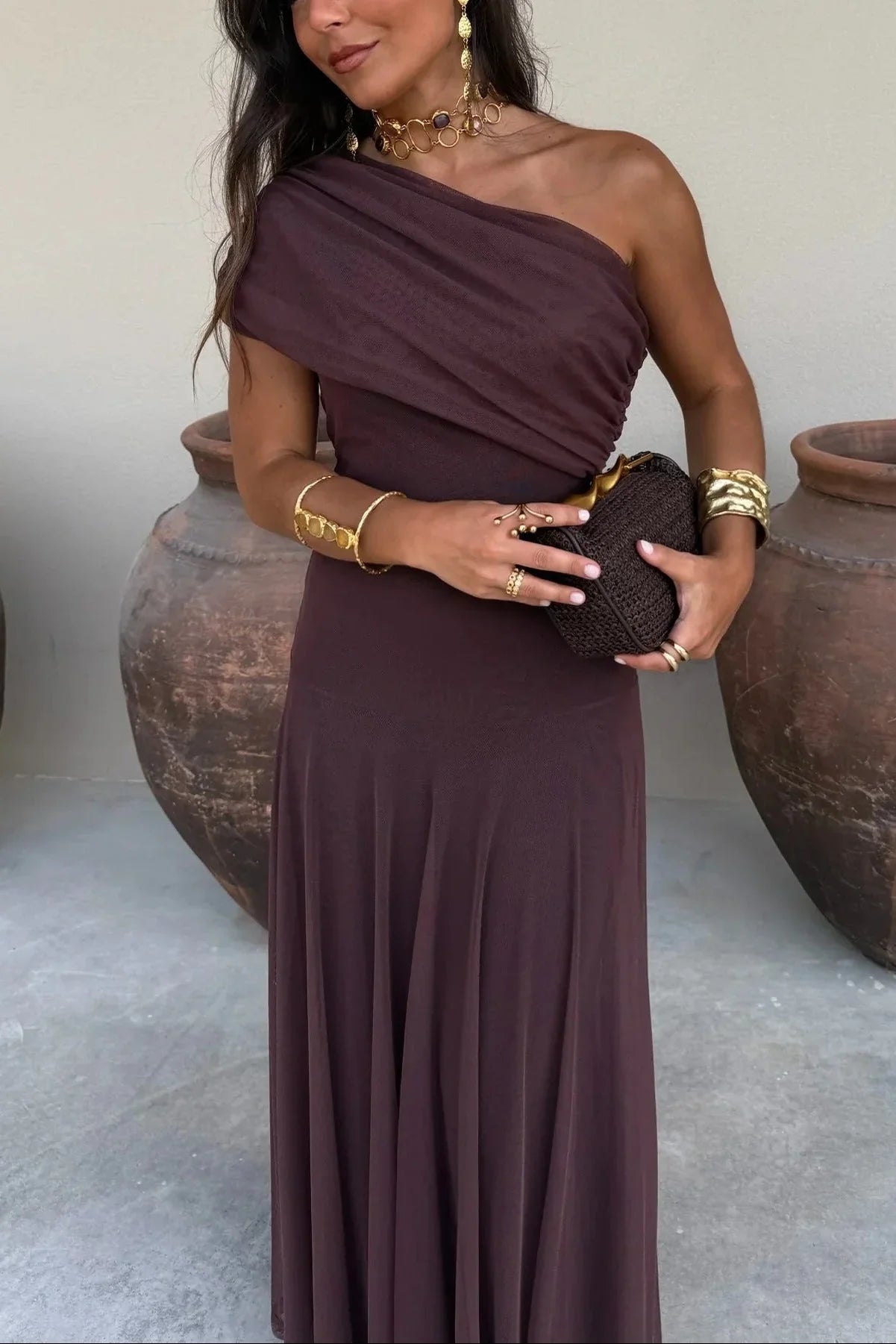 Florentine — Pleated Maxi Dress With Flowing Asymmetrical Summer Style Brown