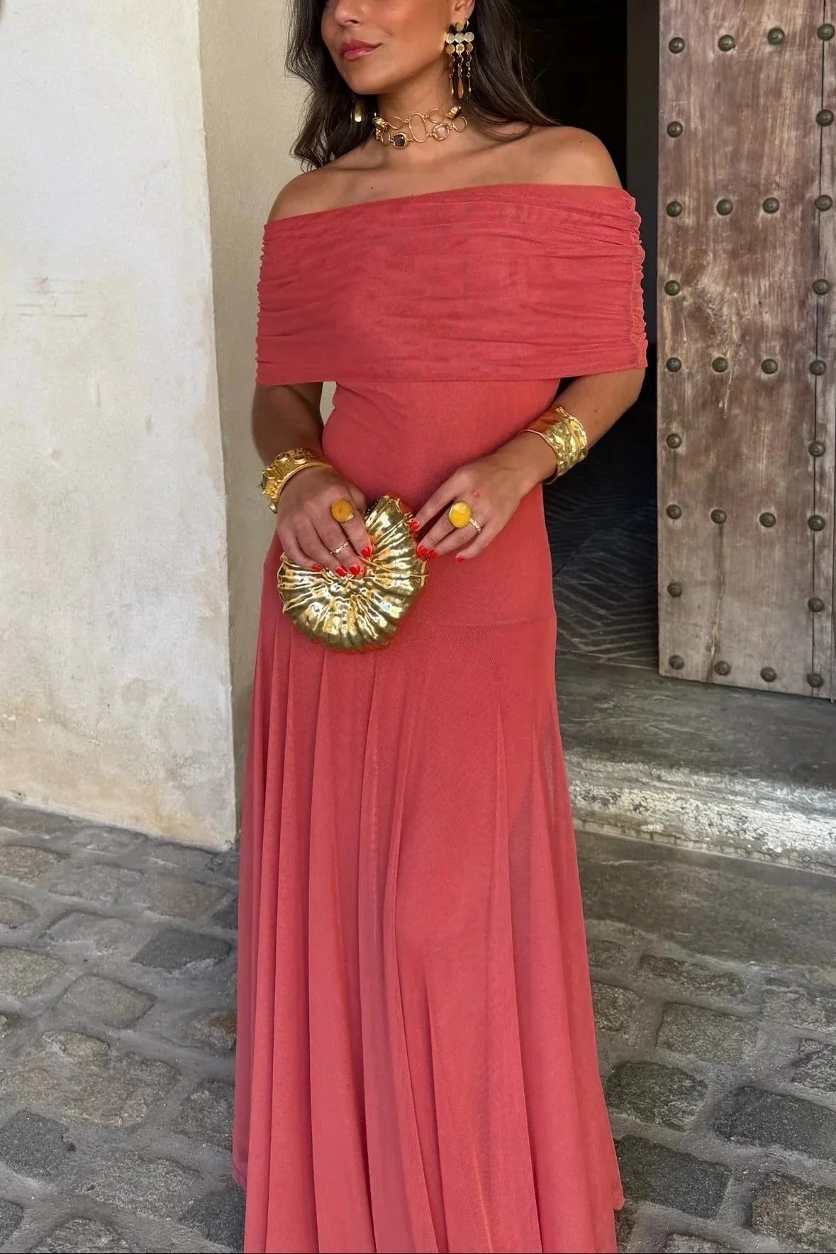 Florentine — Pleated Maxi Dress With Flowing Asymmetrical Summer Style Red