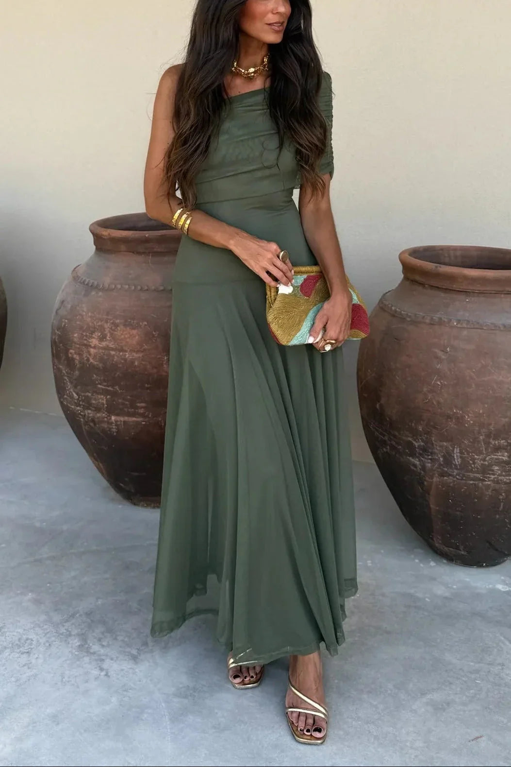 Florentine — Pleated Maxi Dress With Flowing Asymmetrical Summer Style Green