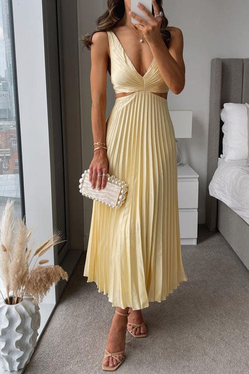 Philippa — Pleated Midi Dress With Elegant Flowing V-Neck Summer Design Yellow