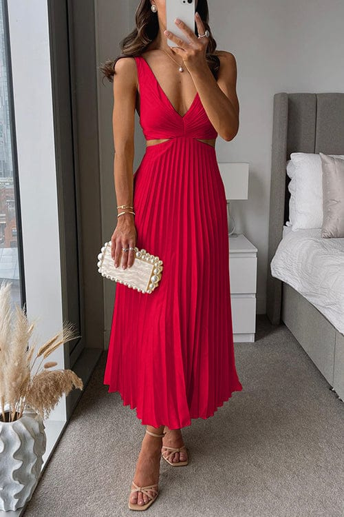 Philippa — Pleated Midi Dress With Elegant Flowing V-Neck Summer Design Red