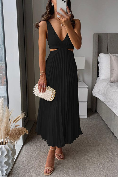 Philippa — Pleated Midi Dress With Elegant Flowing V-Neck Summer Design Black