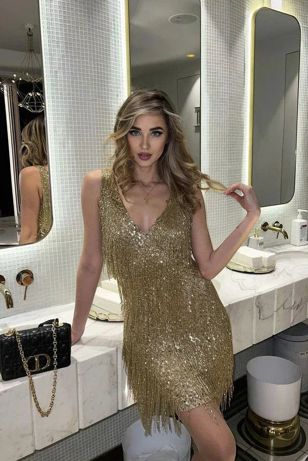 Persephone — Sequin Cocktail Dress With Eye-Catching Short Fringe Design Gold
