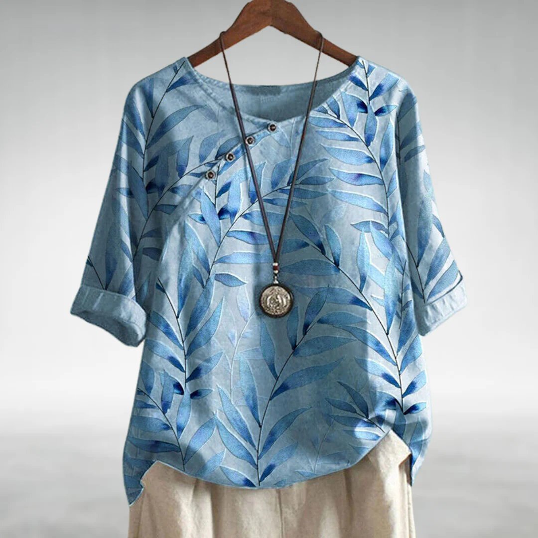 Madeline — Leaf Print Blouse With Relaxed 3/4 Sleeve Casual Style Blue