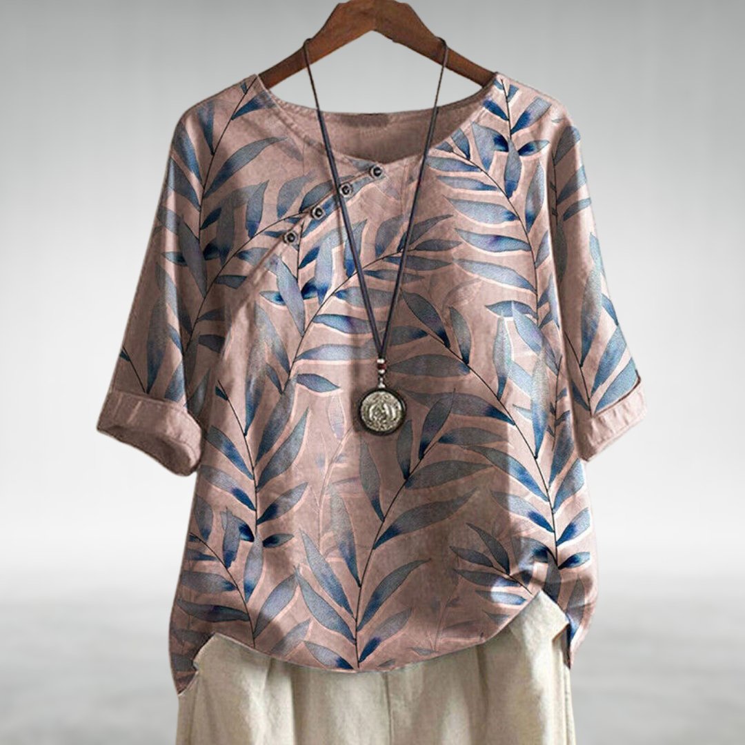 Madeline — Leaf Print Blouse With Relaxed 3/4 Sleeve Casual Style Pink