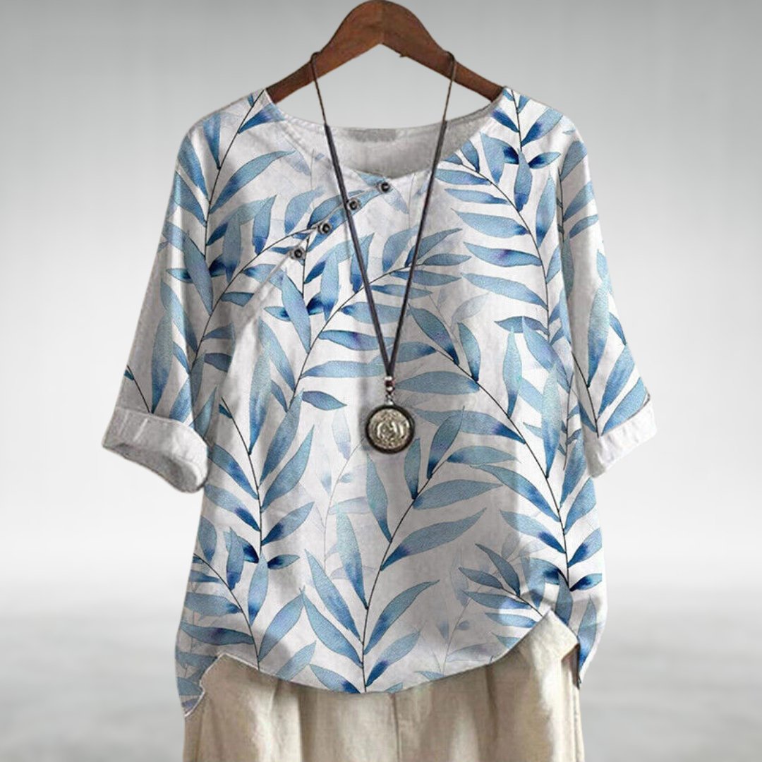 Madeline — Leaf Print Blouse With Relaxed 3/4 Sleeve Casual Style White