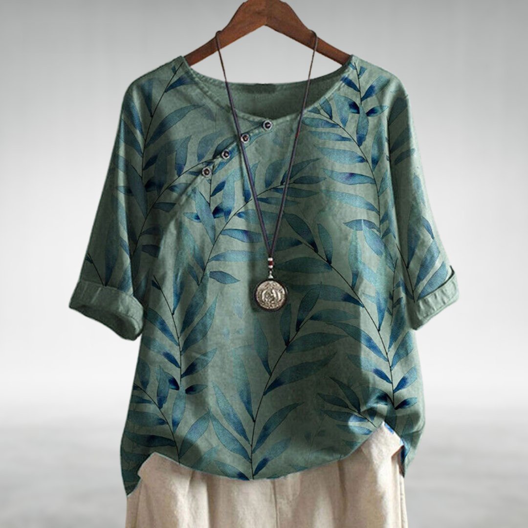 Madeline — Leaf Print Blouse With Relaxed 3/4 Sleeve Casual Style Green