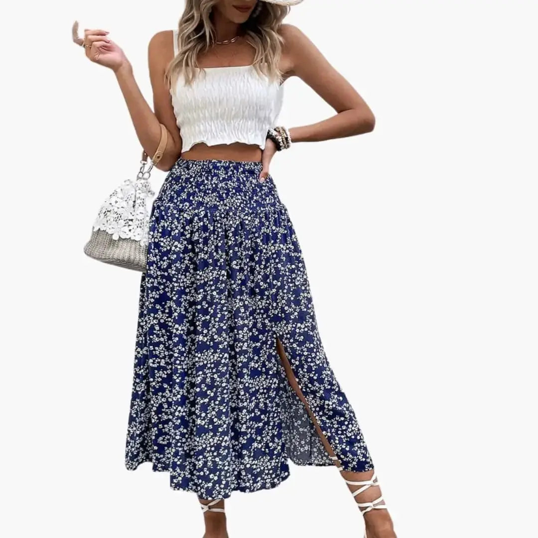 Marlowe — Printed Woven Midi Skirt With Stylish A-Line Design And Side Split Navy Blue