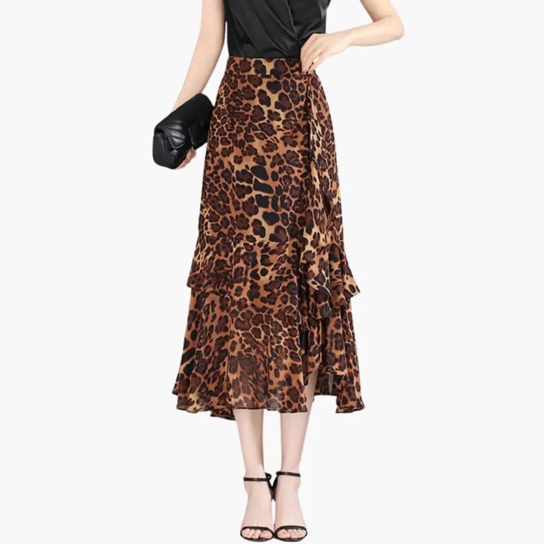 Marisette — Printed Woven Midi Skirt With Stylish Straight Cut Side Split Design Leopard Print