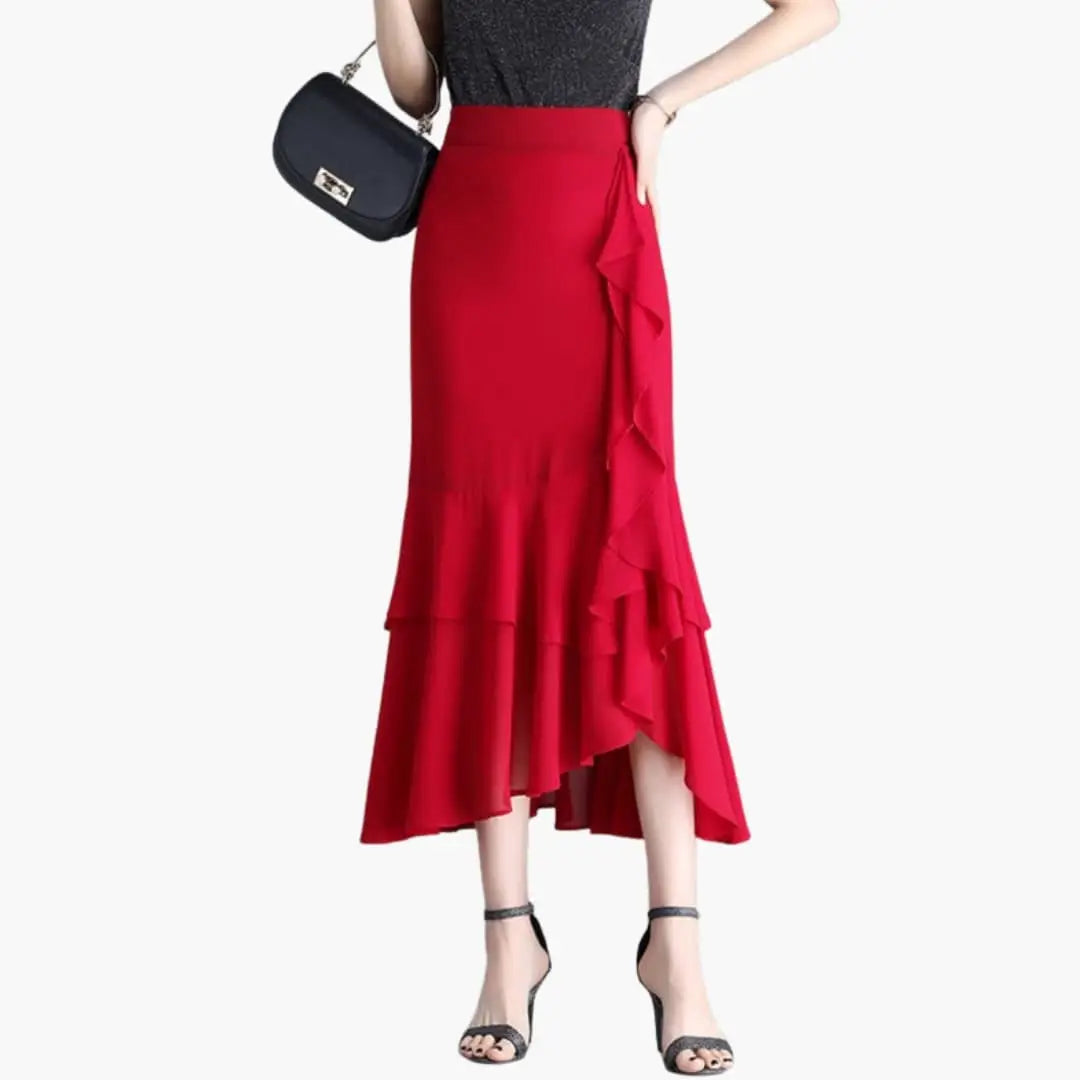 Marisette — Printed Woven Midi Skirt With Stylish Straight Cut Side Split Design Red
