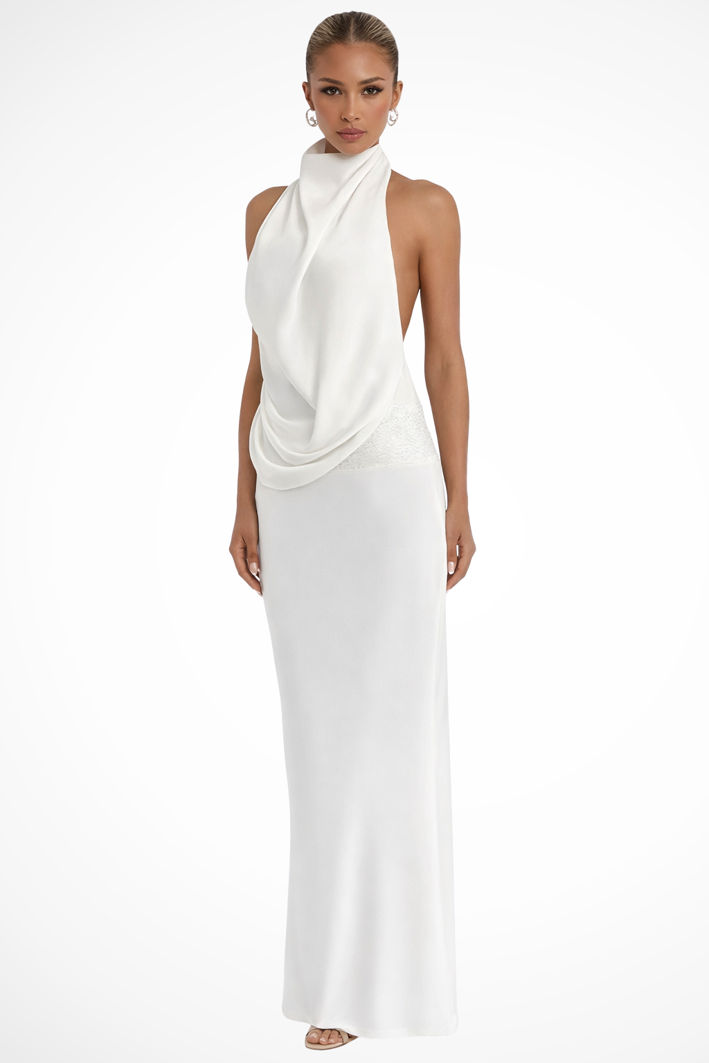 Drapedhalter — Satin Maxi Dress With Draped Halter Neck Evening Gown Design White