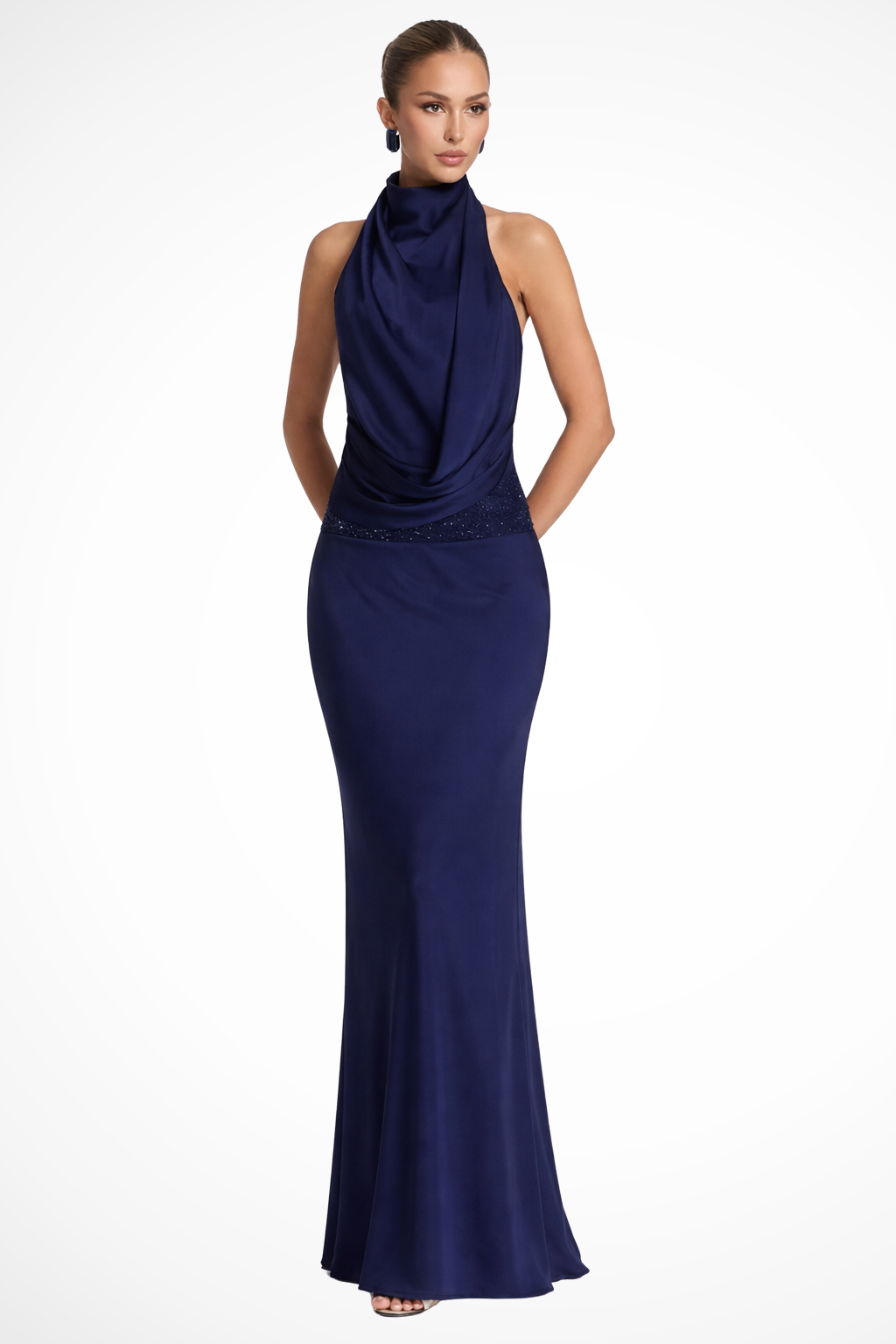 Drapedhalter — Satin Maxi Dress With Draped Halter Neck Evening Gown Design Navy Blue
