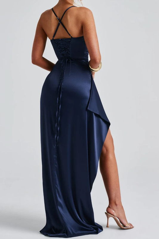 Ruchedslit — Satin Maxi Dress With Ruched High Slit Evening Gown Wedding Design