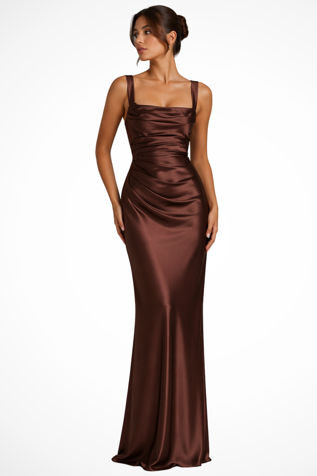 Ruchedsquare — Satin Maxi Dress With Structured Square Neck Ruched Design Brown