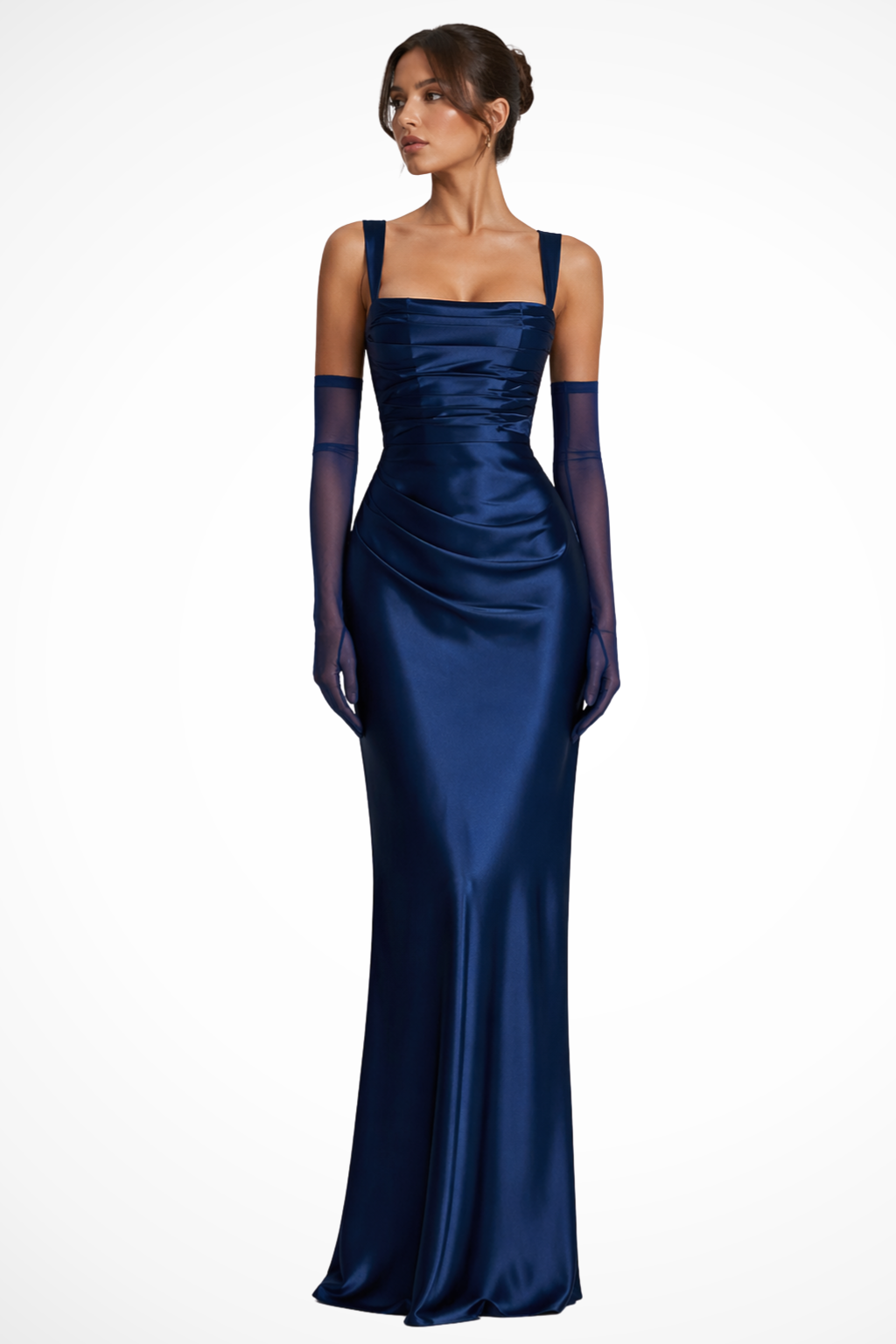 Ruchedsquare — Satin Maxi Dress With Structured Square Neck Ruched Design Navy Blue