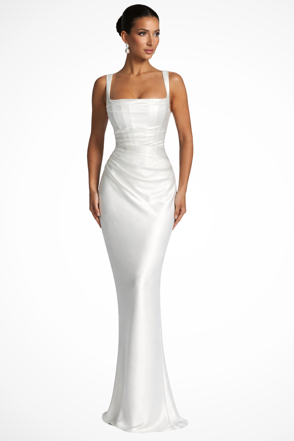 Ruchedsquare — Satin Maxi Dress With Structured Square Neck Ruched Design White