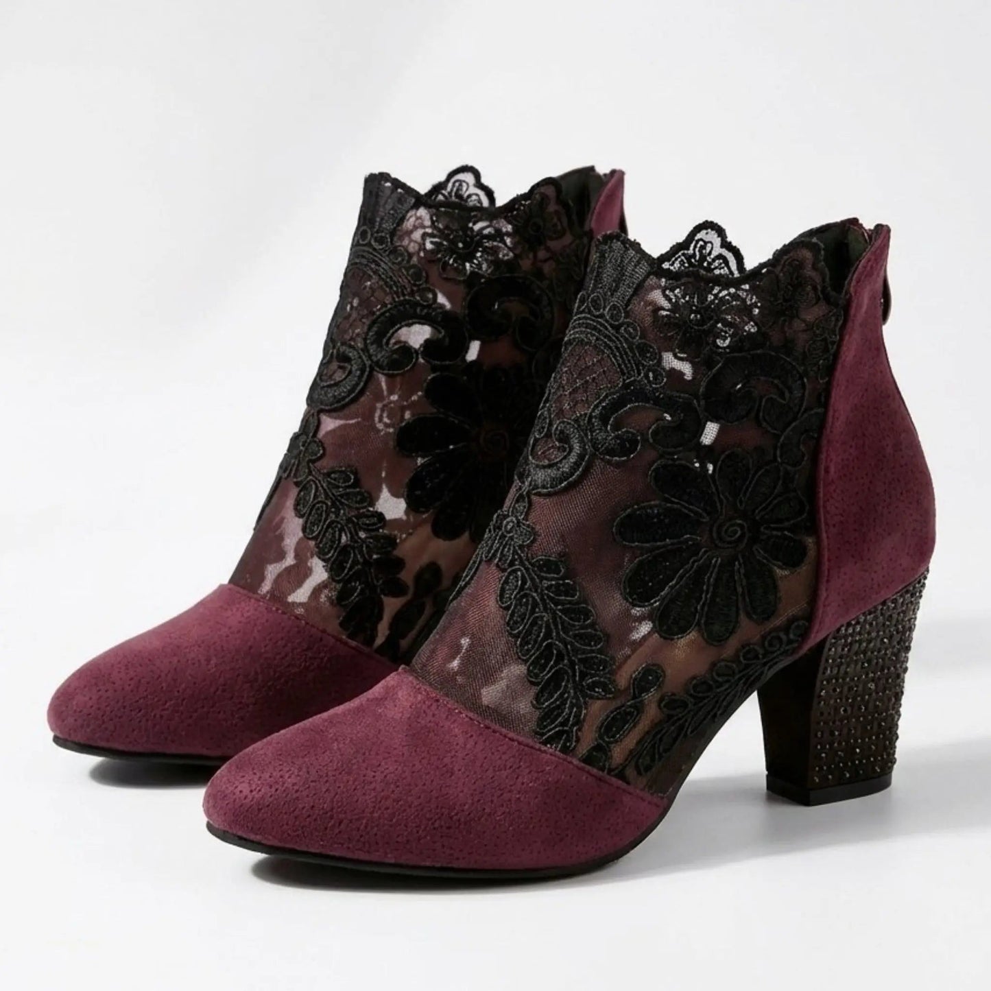 Sheerheel — Sheer Lace Block Heel Pumps With Elegant Black Heel Design Red
