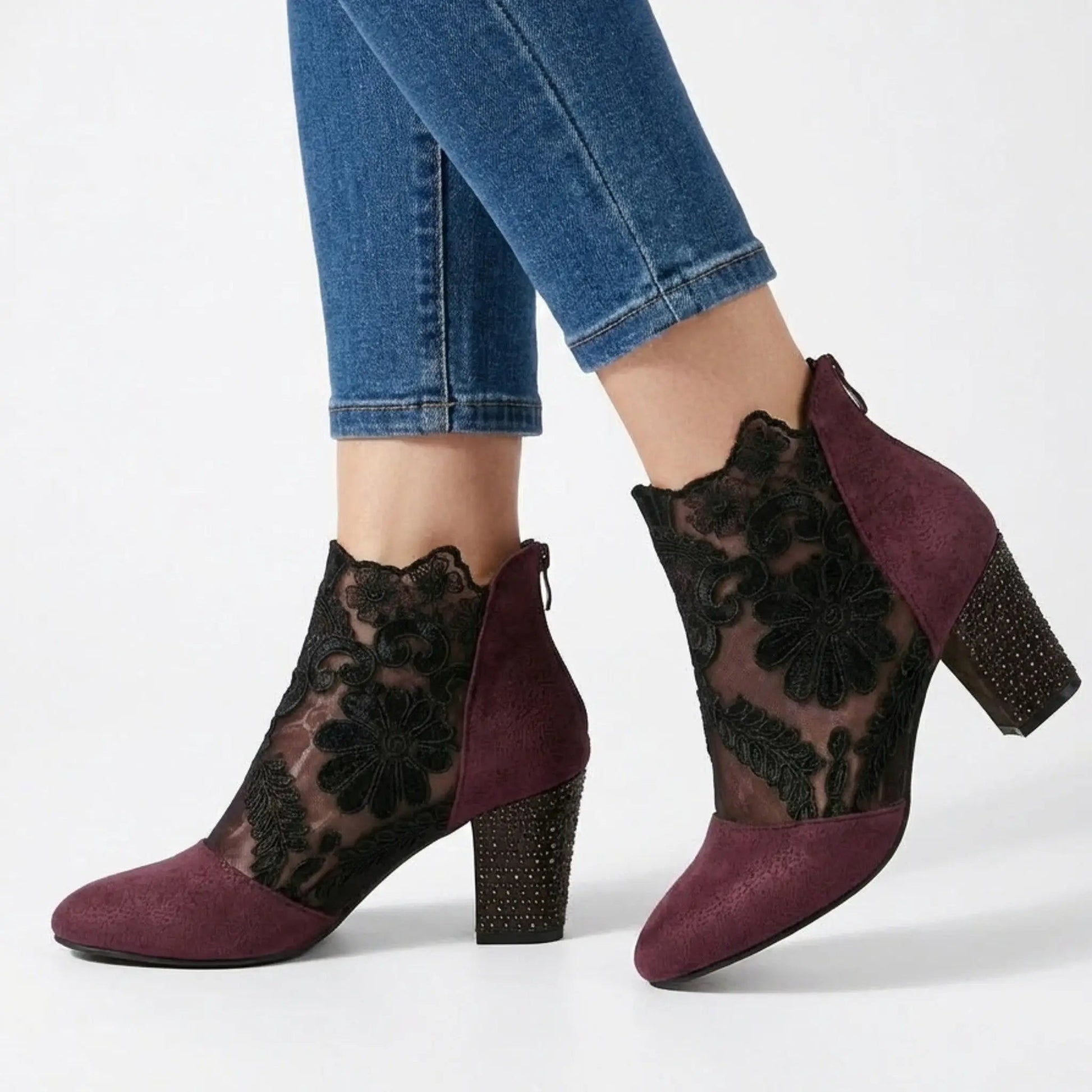 Sheerheel — Sheer Lace Block Heel Pumps With Elegant Black Heel Design