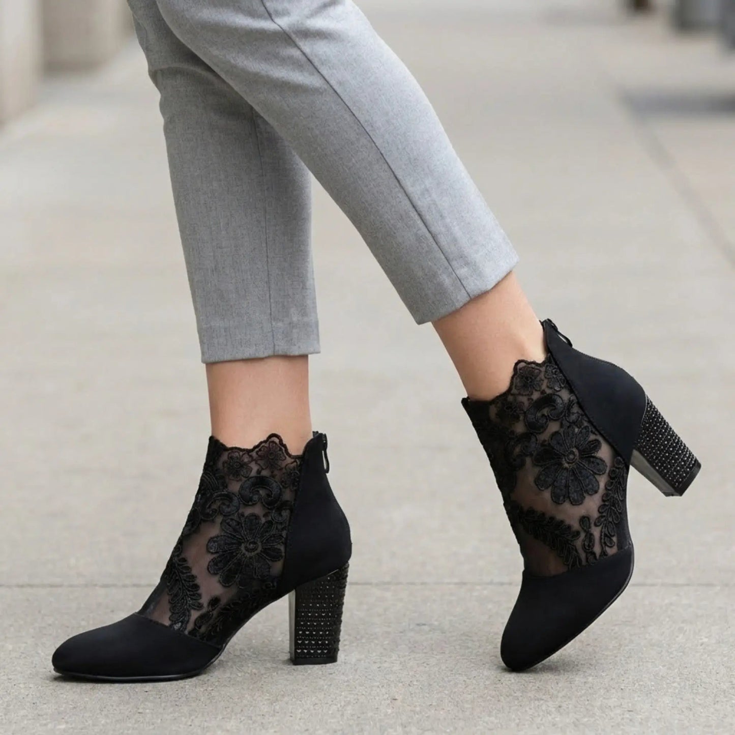 Sheerheel — Sheer Lace Block Heel Pumps With Elegant Black Heel Design