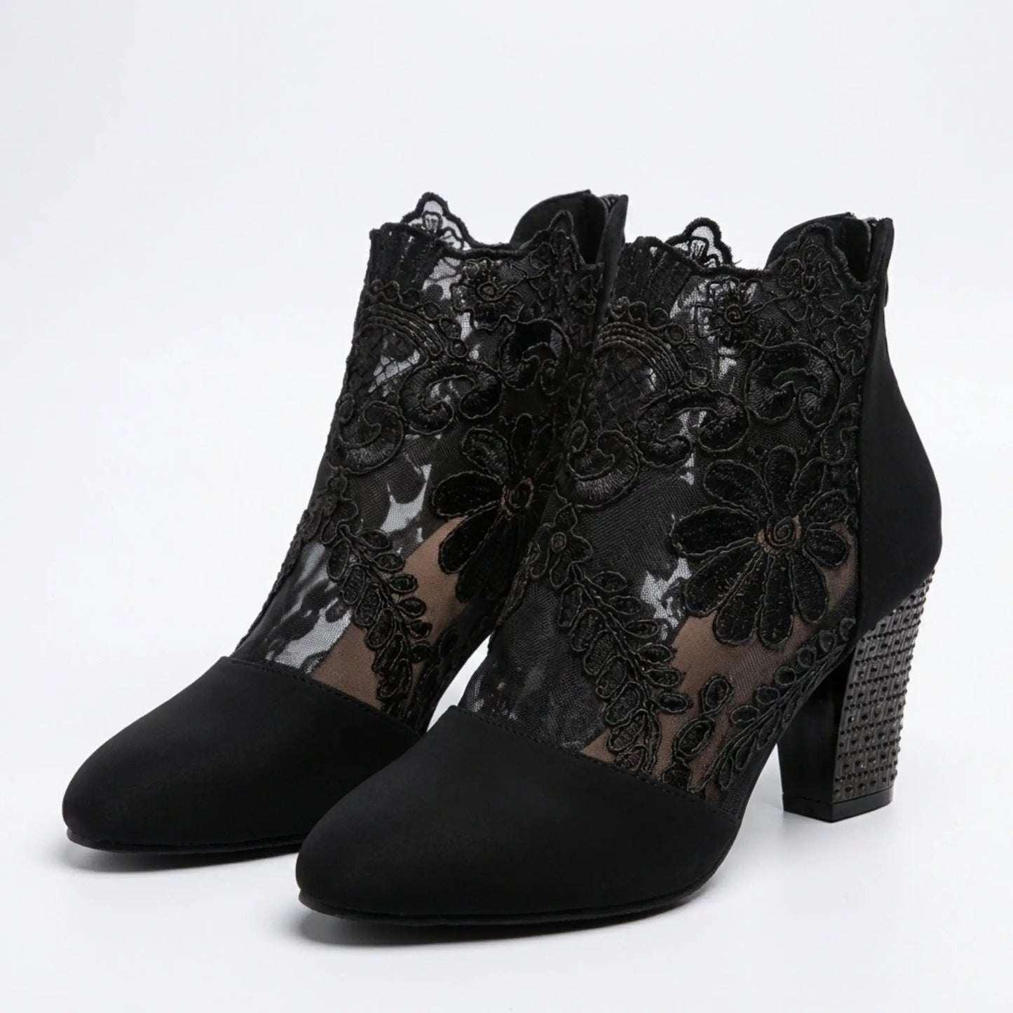 Sheerheel — Sheer Lace Block Heel Pumps With Elegant Black Heel Design Black