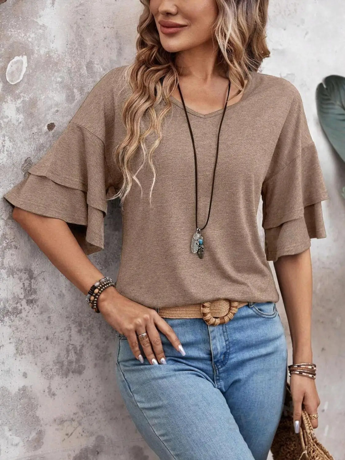 Marisela — Sheer White Blouse With Elegant Half Sleeve Summer Style Mocha